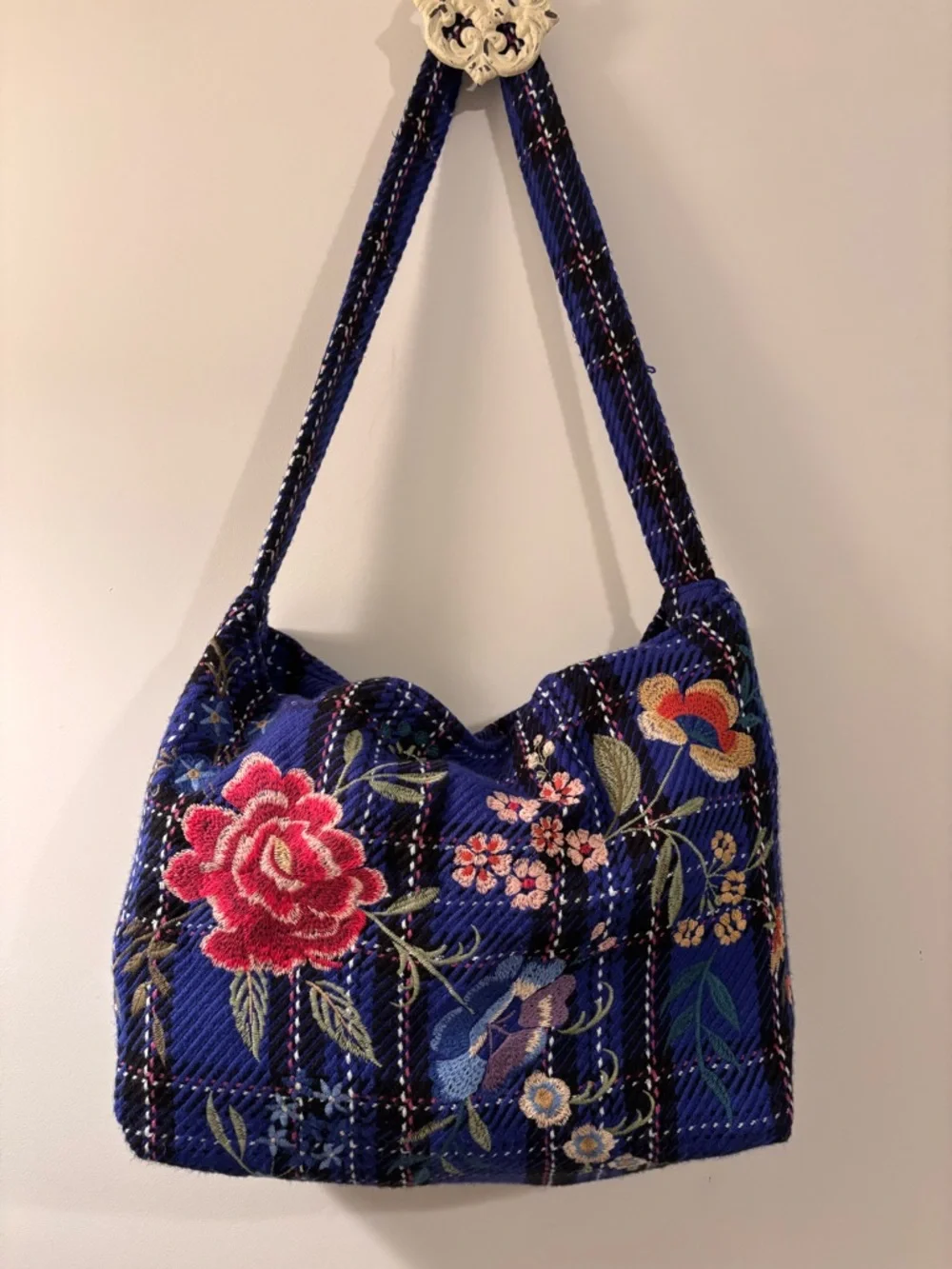 Johnny Was Mila Blue Plaid Embroidered Tote Bag - Picture 4 of 15